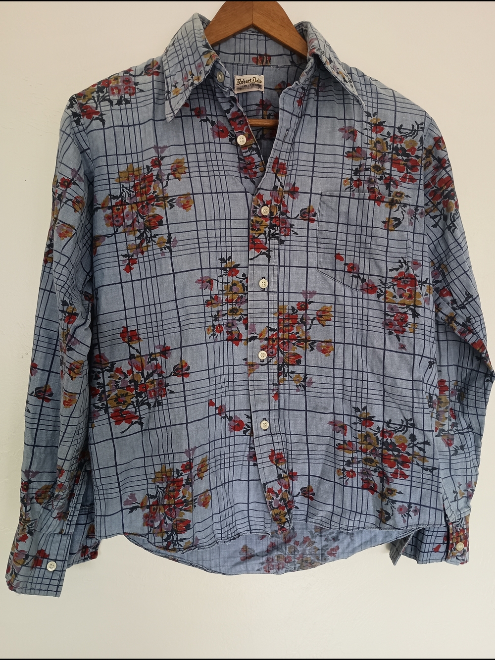 Robert Dale VTG 100% Cotton Light Blue Floral Plaid Button-Up Shirt
